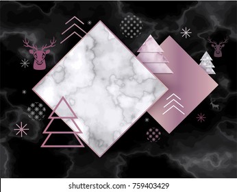 Winter geometric minimalistic poster in trendy scandinavian geometric style with reindeer silhouette, marble gold rose texture, christmas tree, snowflakes, metal foil and glitter, vector background