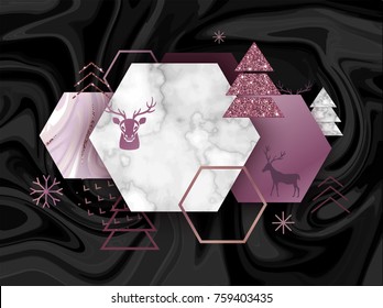 Winter geometric minimalistic poster in trendy scandinavian geometric style with reindeer silhouette, marble gold rose texture, christmas tree, snowflakes, metal foil and glitter, vector background