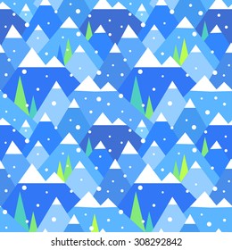 Winter geometric mountain landscape seamless pattern. Christmas background in vector.