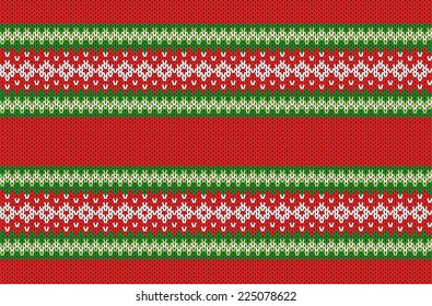 Winter Geometric Ornament Seamless Pattern Background in Red, Green and White from Knitted Fabric with Copy Space for Merry Christmas or Happy New Year