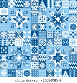 Winter geometric pattern with quilt elements in Scandinavian style. Creative abstract ornament with Norwegian snowflakes. Background, texture for fabric, textile, paper, packaging, tiles