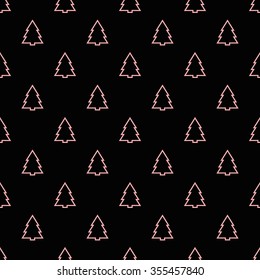 Winter geometric seamless pattern with pink glowing spruce on black background. 