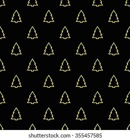 Winter geometric seamless pattern with yellow glowing spruce on black background. 