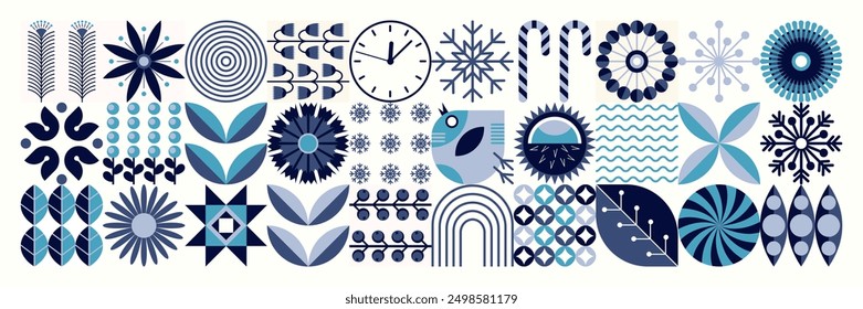 Winter geometric snowflake pattern. Ukrainian style. Scandinavian motifs. Merry Christmas and Happy New Year! Snowflakes, flowers, berries. Abstraction. Minimal illustration.