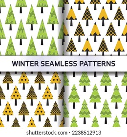 Winter geometric spruce tree seamless pattern in variety shapes. CMYK color mode ready to print.