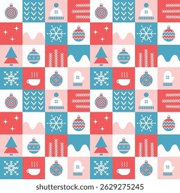 Winter Geometric Square Pattern. Seamless Checkered Print with Winter Things. Christmas Abstract Background. Template. Set. Christmas Ball, Snowflake, Hat, Glove, Cup. Vector in Blue, Red, White