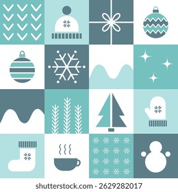 Winter Geometric Square Pattern. Seamless Checkered Print with Winter Things. Christmas Abstract Background. Christmas Ball, Snowflake, Hat, Glove, Sock, Gift, Cup. Vector in Blue, Gray, White
