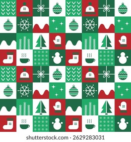 Winter Geometric Square Pattern. Seamless Checkered Print with Winter Things. Christmas Abstract Background. Christmas Ball, Snowflake, Hat, Glove, Sock, Gift, Cup. Vector in Green, Red, White