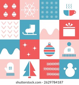 Winter Geometric Square Pattern. Seamless Checkered Print with Winter Elements. Christmas Abstract Background. Template. Christmas Ball, Tree, Snowflake, Hat, Glove, Cup. Vector in Blue, Red, White