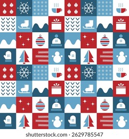 Winter Geometric Square Pattern. Seamless Checkered Print with Winter Elements. Christmas Abstract Background. Christmas Ball, Tree, Snowflake, Hat, Glove, Skates, Gift Box. Vector in Blue, Red, White