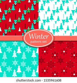 Winter geometric vector pattern set. Christmas trees, snowflakes. Mint, red and white colors.