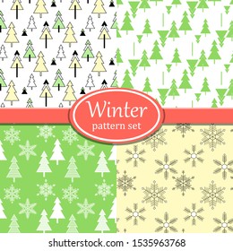 Winter geometric vector pattern set. Christmas trees, snowflakes. Green, yellow and white colors.