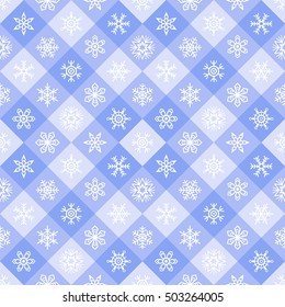 Winter geometrical seamless pattern. New Year, Christmas texture. Snowflakes of various type and squares. Abstract simple background with different snow crystals. Flat design.