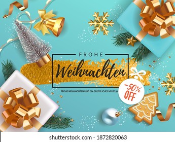 Winter German Frohe Weihnachten translate Merry Christmas Holiday banner with gift box decorated with Christmas tree branches, balls, gingerbread, oranges. bell snowflakes snow.  Xmas festive card.