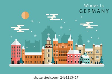 Winter Germany skyline concept flat vector illustration,Travel to Winter Germany concept with skyline and famous buildings landmark