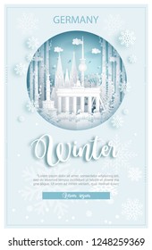 Winter in Germany for travel and tour advertising concept with world famous landmark in paper cut style vector illustration.