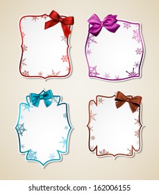 Winter gift cards with color ribbons and satin bows. Vector illustration.  