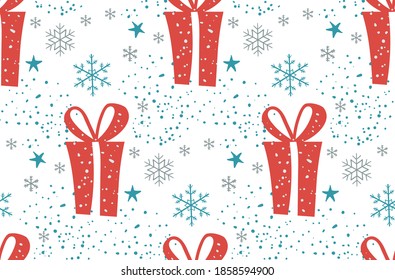 Regalo de invierno Navidad sin costura. regalos rojos, copos de nieve azules sobre fondo blanco. Patrón de Navidad fluido