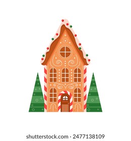 Winter gingerbread house. Traditional Christmas cookie, holiday winter bakery flat vector illustration