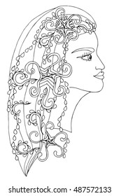 Winter girl with abstract decor element on the hair. Mono color black line art element for adult coloring book page design, child magazine, shirt and other.