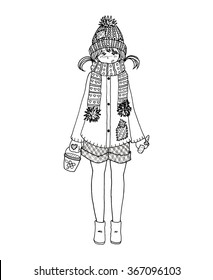 Winter girl anime manga cartoon isolated sketch line art 
