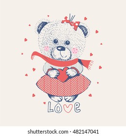 winter girl bear/hand drawn vector illustration/ can be used for kid's or baby's shirt design/ fashion print design/ fashion graphic/ t-shirt/ kids wear

