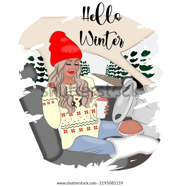 Winter girl in the cabin of the car, fashion\
vector illustration