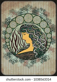 Winter girl card in art nouveau style, vector illustration