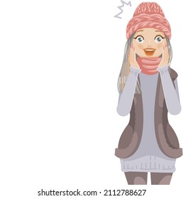 winter girl character fashion winter outfit. woman touched her cheek and smiled, feeling very surprised. templates presented by people Copy space for text and products.