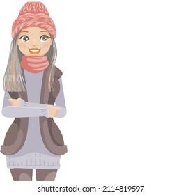 winter girl character fashion winter outfit. woman standing with her arms crossed and smiling. Templates presented by people.