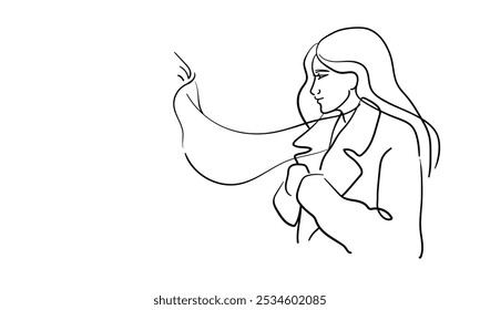 Winter girl continuous line art drawing isolated on white background. Beautiful lady outline. Vector illustration	