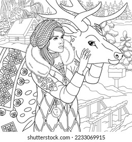 Winter girl embracing reindeer. Christmas adult coloring book page in mandala style