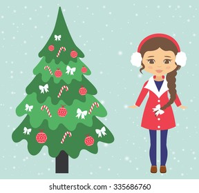 winter girl and fir-tree