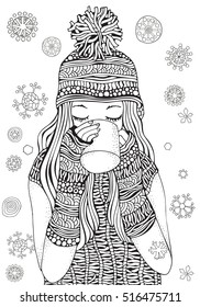 Winter girl and gifts Winter snowflakes. Adult Coloring book page. Hand-drawn vector illustration. Pattern for coloring book. Zentangle.  A4 size coloring book page for adult and children.