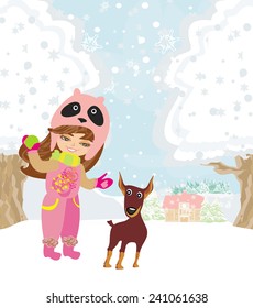 winter girl and her dog 