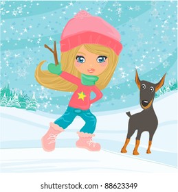 winter girl and her dog