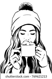 Winter Girl Is Holding A Cup With Hot Tea 