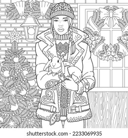 Winter girl holding cute little bunny. Christmas adult coloring book page in mandala style