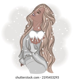 Winter girl holding a snowball, fashion vector illustration