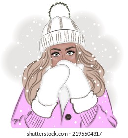 Winter, girl in mittens snow, fashion vector illustration