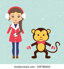 winter girl and winter monkey