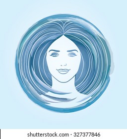 Winter girl portrait in circle. Vector watercolor illustration.