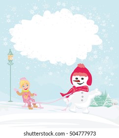 winter girl with sled and charming snowman