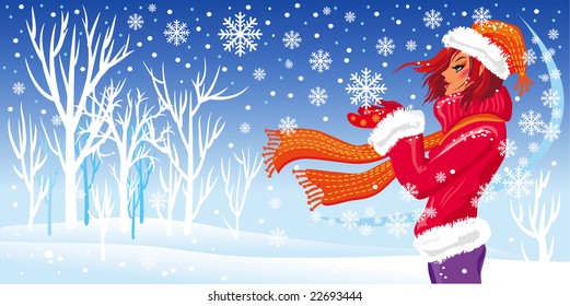 Chica de invierno y nevada. Ilustración del vector