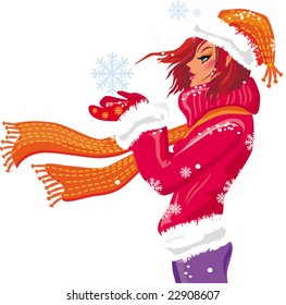 Winter girl and snowfall. Vector illustration