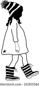 Winter Girl Walking Vector Illustration - Hand Drawn Silhouette Style Child Character in Boots and Hat