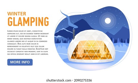 Winter Glamping or Glamor camping. Modern comfortable tent with forest and mountains on background. Recreation in wild nature with facilities. Flat style concept banner, vacation and travel concept