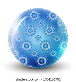 Balón azul claro de cristal de invierno o perla preciosa con copos de nieve. Balón realista brillante, ilustración vectorial abstracta 3D resaltada en un fondo blanco. Gran burbuja navideña.
