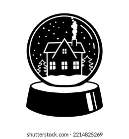 Winter glass snowglobe with house and snow. Vector glyph illustration isolated on white