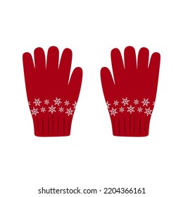 Winter glove in flat style. Red winter gloves with snowflakes. Winter glove isolated on white background. Flat color illustration. Vector eps10